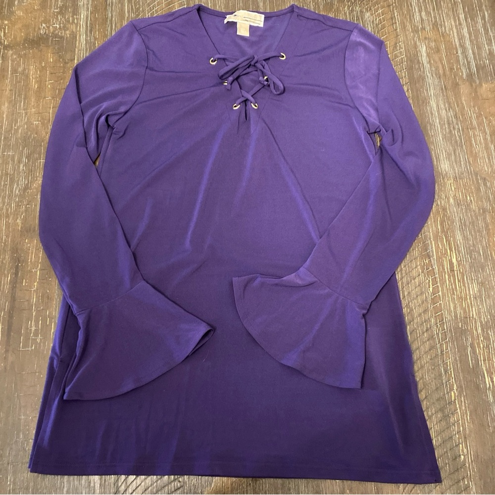 Michael Kors Womens Purple Lace Up Blouse V-Neck Flared Long Sleeve Shirt XS